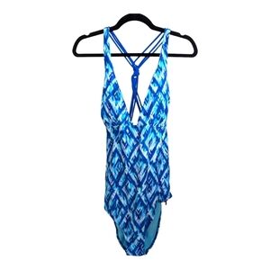 QuintSoul Blue Geo Print, Twisted Back, Low Cut One Piece Swimsuit Size 16 NWOT